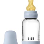 BIBS Стеклянная бутылочка в наборе с латексной соской, медленный поток 120мл Baby Blue