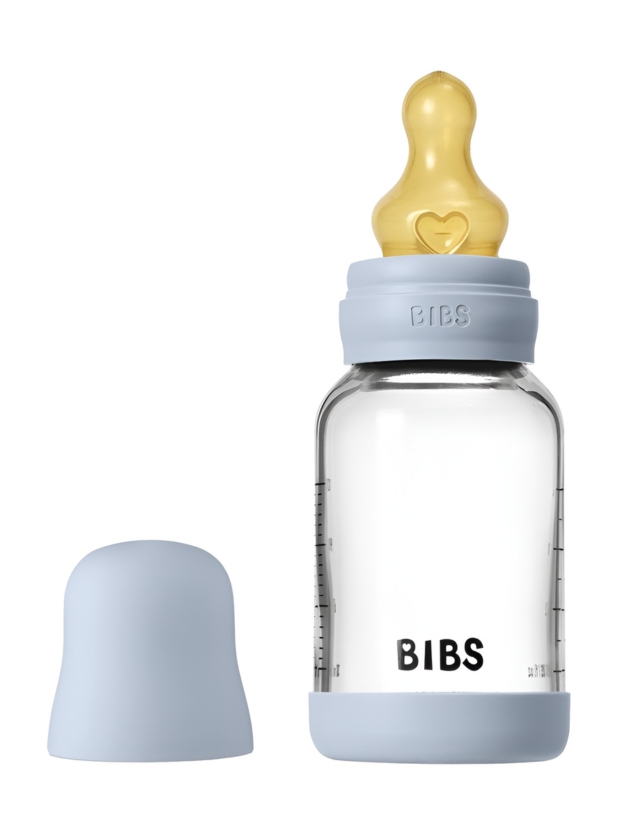 BIBS Стеклянная бутылочка с латексной соской, медленный поток 120мл Baby Blue BIBS Стеклянная бутылочка в наборе с латексной соской, медленный поток 120мл Baby Blue — изображение 1