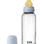 BIBS Стеклянная бутылочка в наборе с латексной соской, средний поток 240мл Baby Blue