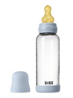 BIBS Стеклянная бутылочка в наборе с латексной соской, средний поток 240мл Baby Blue